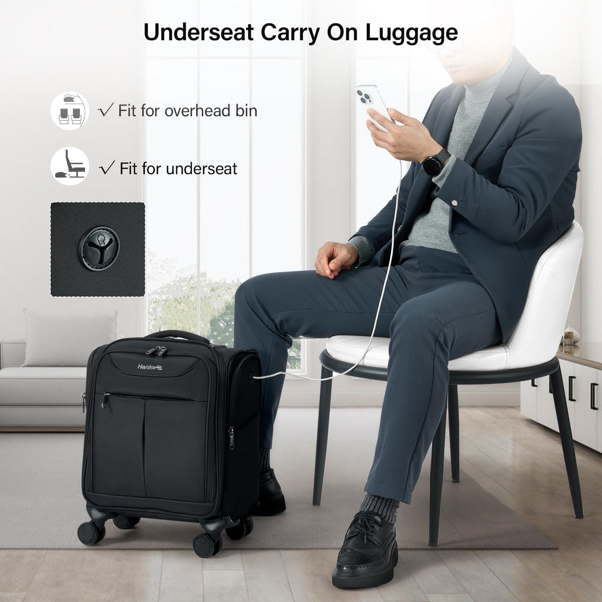 Black 16 Inch Underseat Carry On Luggage with Spinner Wheels N98879