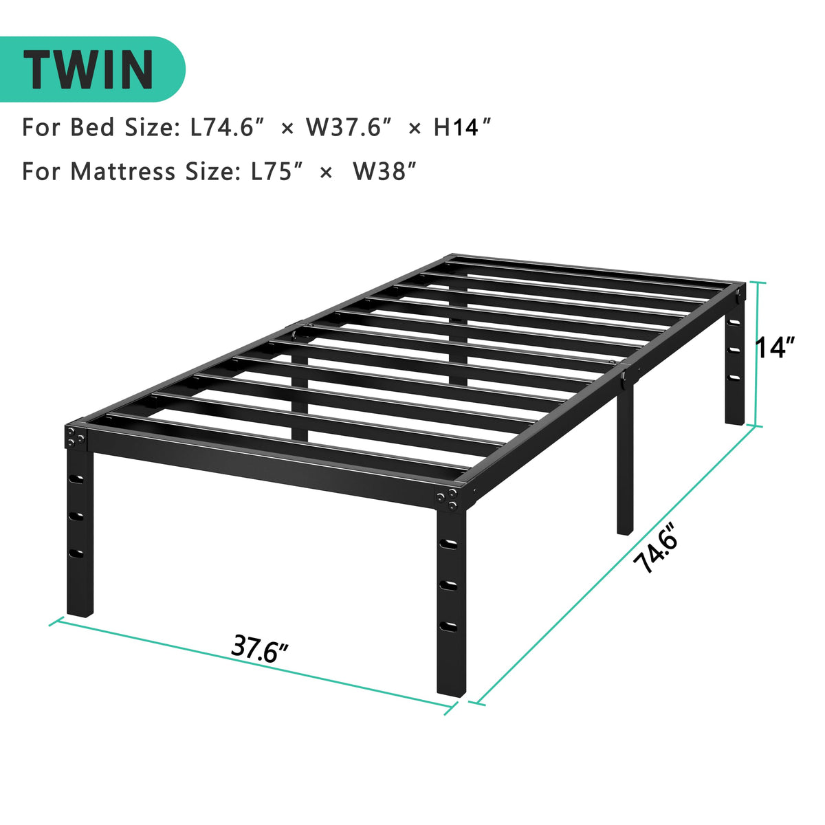 14 Inch Tall Black Metal Platform Twin Size Bed Frame V39540