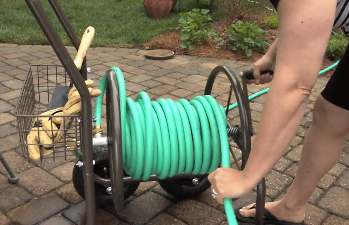 Four Wheel 250 Foot Capacity Steel Frame Water Hose Reel Cart with Basket A230684
