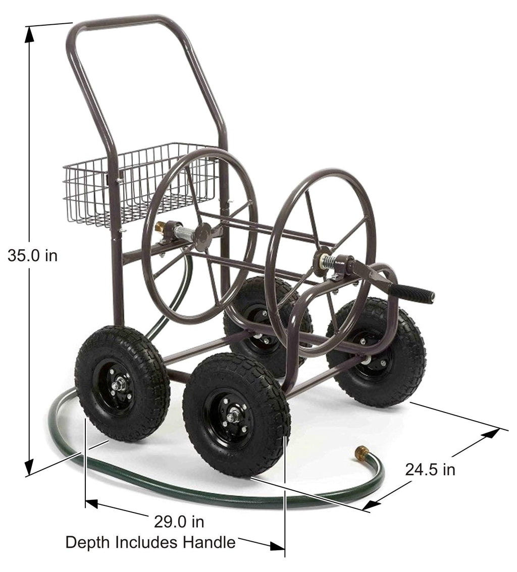 Four Wheel 250 Foot Capacity Steel Frame Water Hose Reel Cart with Basket A230684