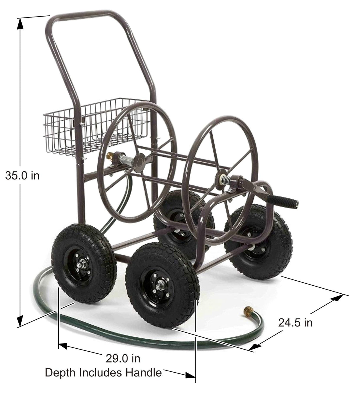 Four Wheel 250 Foot Capacity Steel Frame Water Hose Reel Cart with Basket A230684