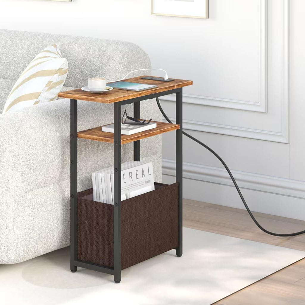 Narrow Side Table with Charging Station, 3 Tier End Table with Storage Basket N607
