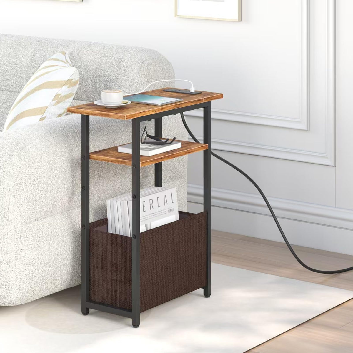 Narrow Side Table with Charging Station, 3 Tier End Table with Storage Basket N607
