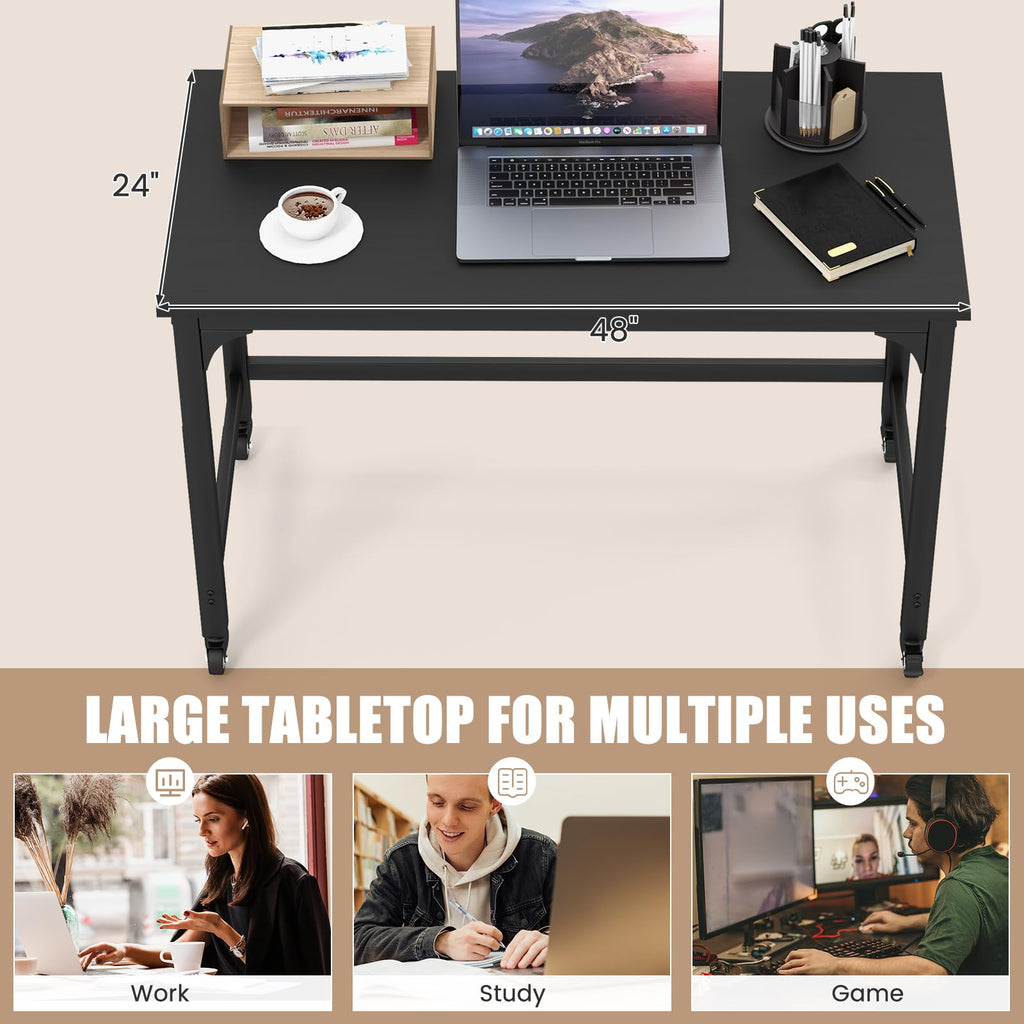 48” Mobile Computer Desk with 4 Lockable Wheels, Black Metal Frame F7912