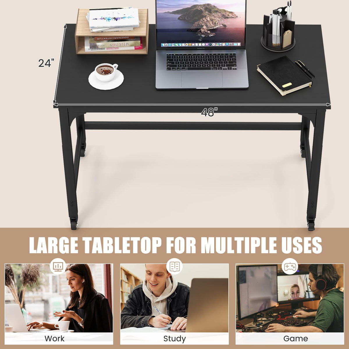 48” Mobile Computer Desk with 4 Lockable Wheels, Black Metal Frame F7912