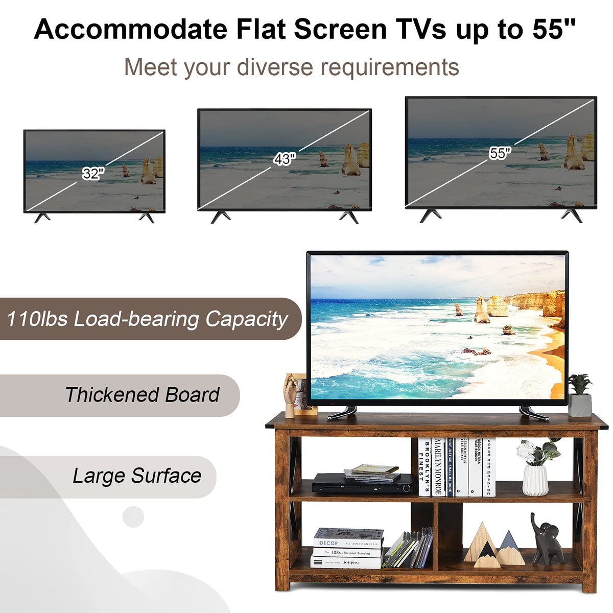 Brown 3 Tier Wood TV Stand with Open Shelves H327