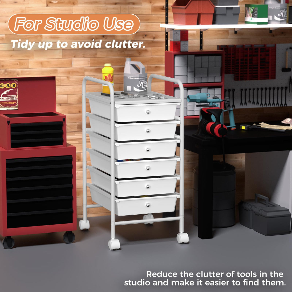 White 6 Tier Rolling Storage Cart with 6 Drawers S51844