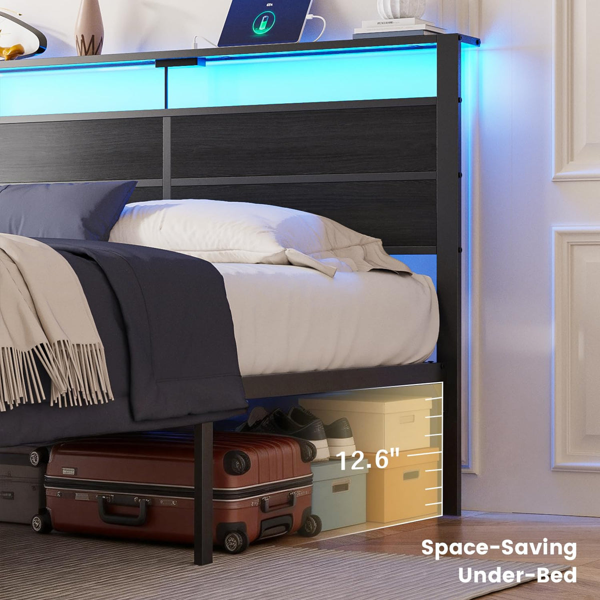 Full Size Metal Bed Frame with Storage Headboard O235