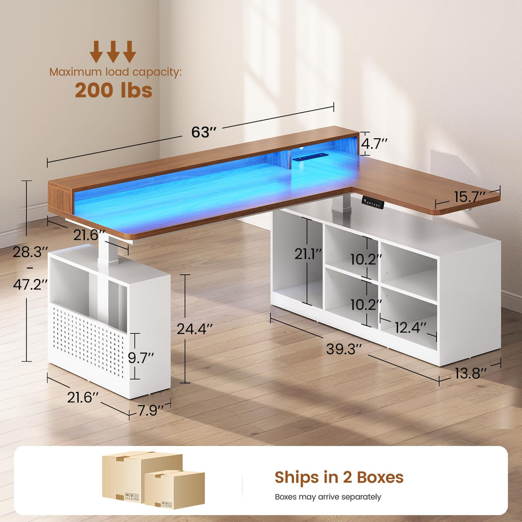 63" L Shaped Electric Standing Desk with Storage W9717
