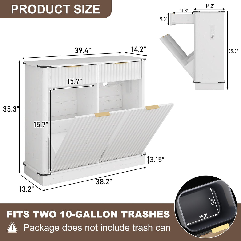 White 20 Gallon Tilt Out Trash Cabinet with Charging Station and 2 Drawers T533