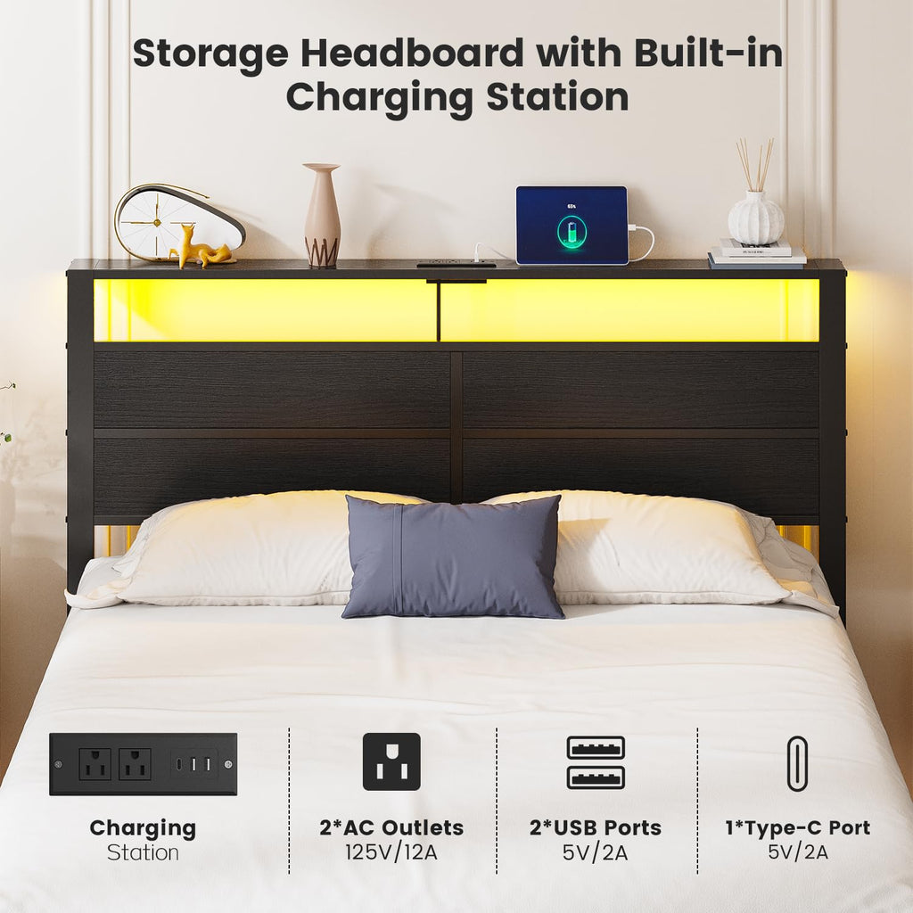 Full Size Metal Bed Frame with Storage Headboard O235