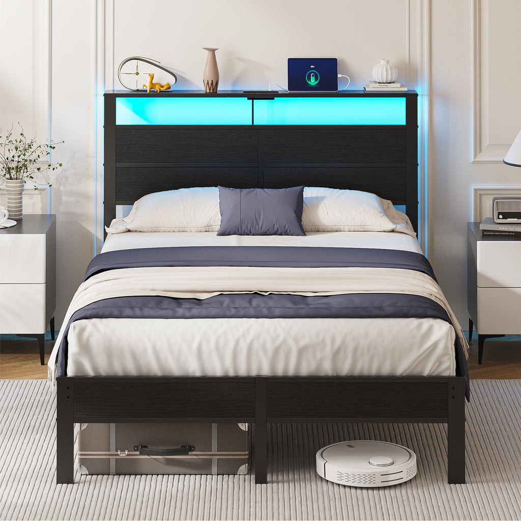 Full Size Metal Bed Frame with Storage Headboard O235