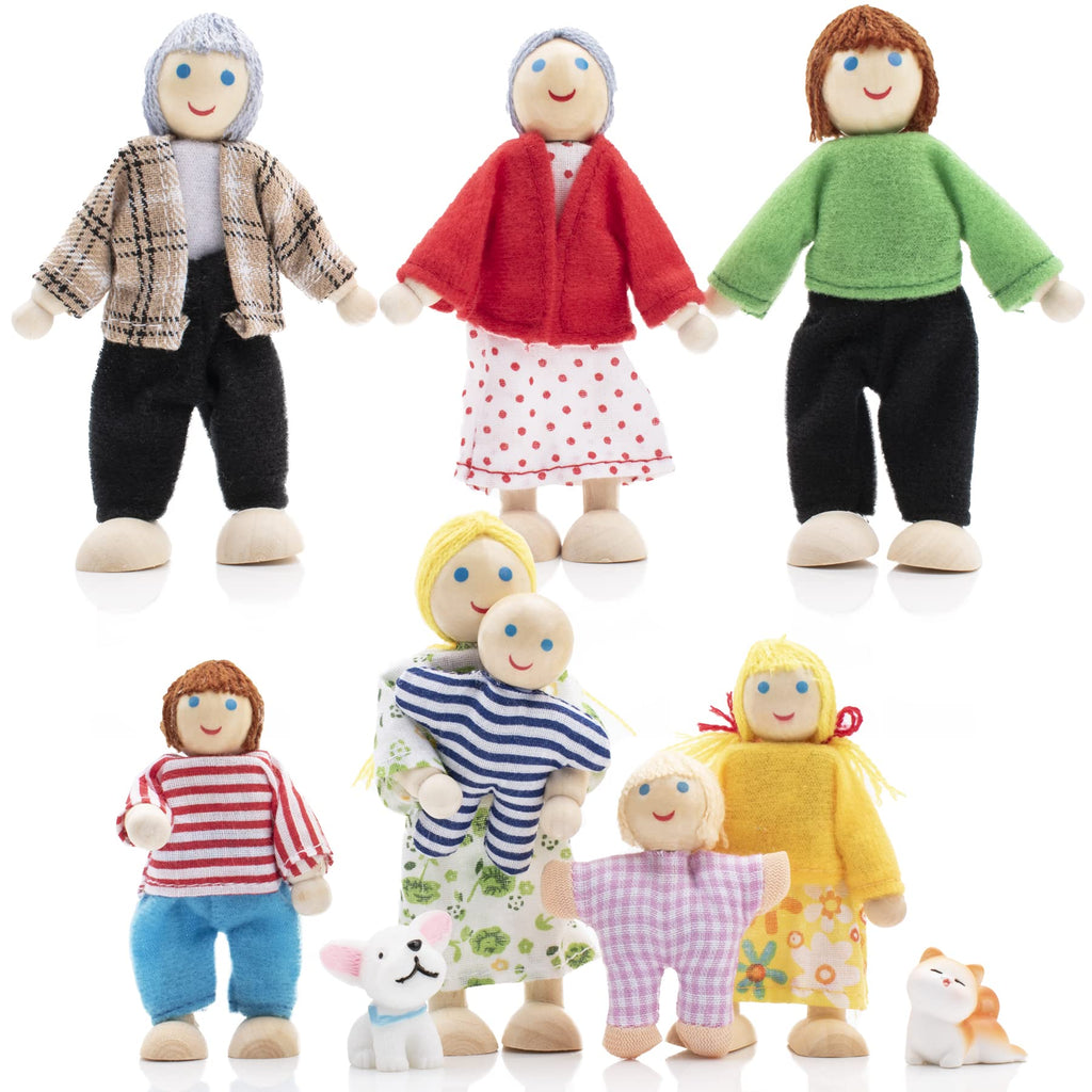 Wooden Dollhouse Dolls Family Set of 8 Miniature Figures and 2 Pets X98691