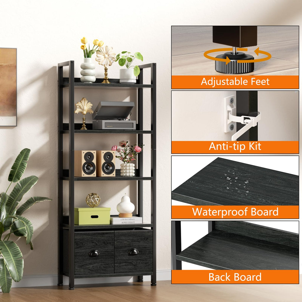 5-Tier Black Oak Bookshelf with 2 Storage Drawers T9305