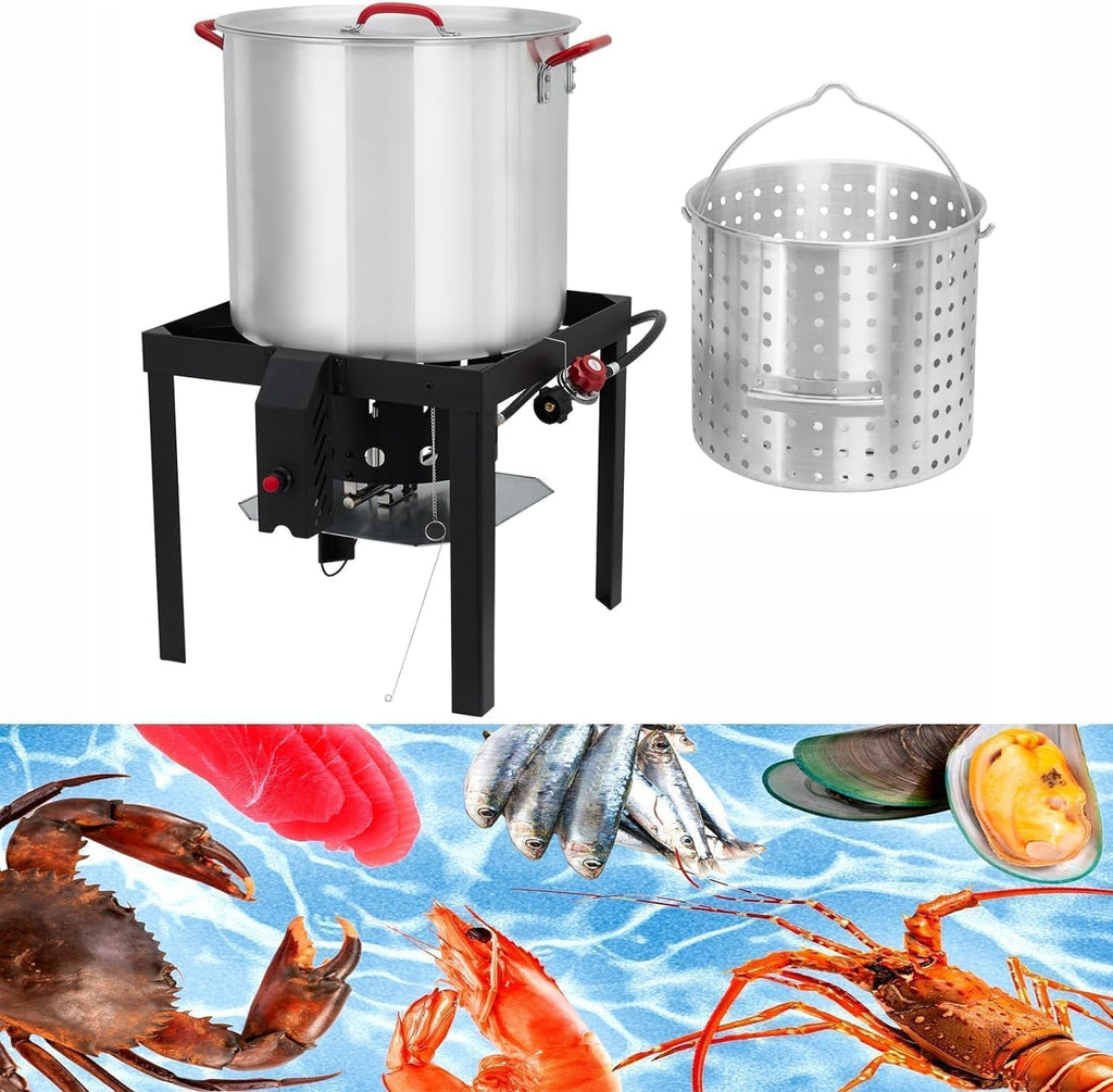 60 Qt Aluminum Seafood Boil Pot with Basket and Burner C886914