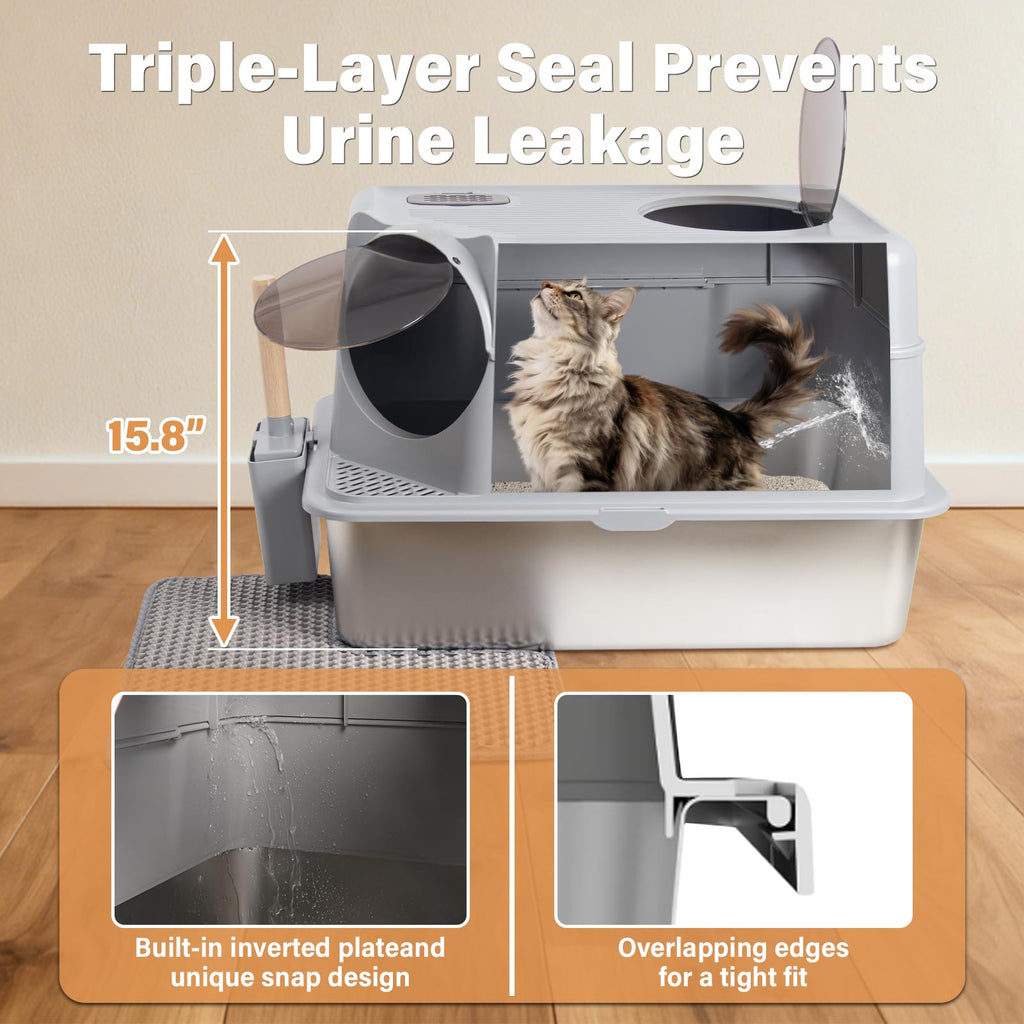 XL Stainless Steel Enclosed Cat Litter Box with Lid T5730