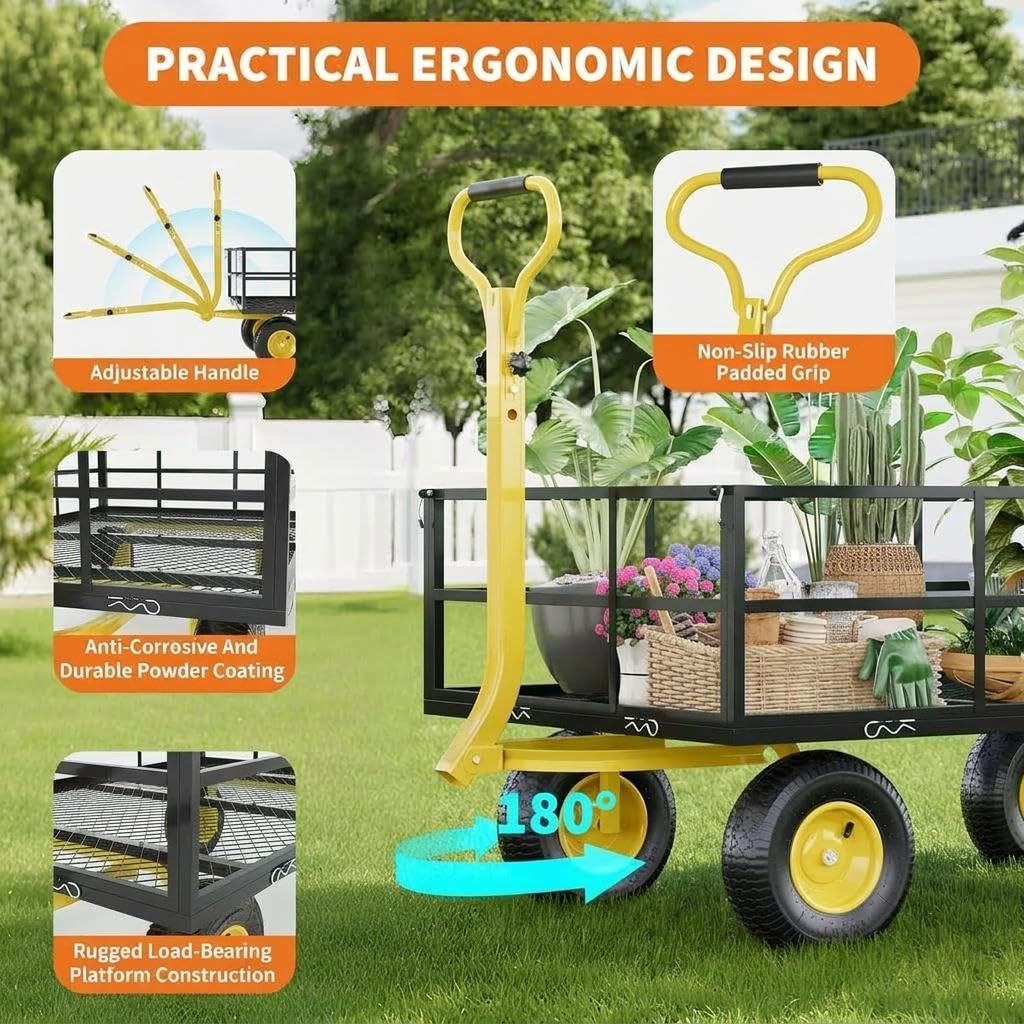 Heavy Duty Steel Garden Cart, 1200 LBS Load Capacity Wagon with 10 inch Tire and Rotating Handle, Black W35068
