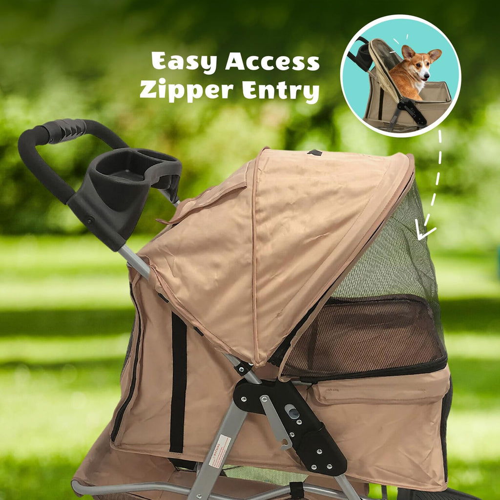 3-Wheel Dog Stroller with Storage Basket and Cup Holders, Tan D6409