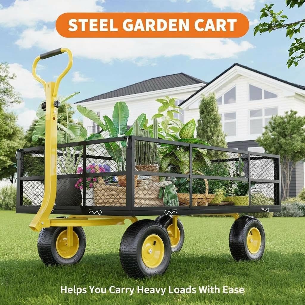 Heavy Duty Steel Garden Cart, 1200 LBS Load Capacity Wagon with 10 inch Tire and Rotating Handle, Black W35068