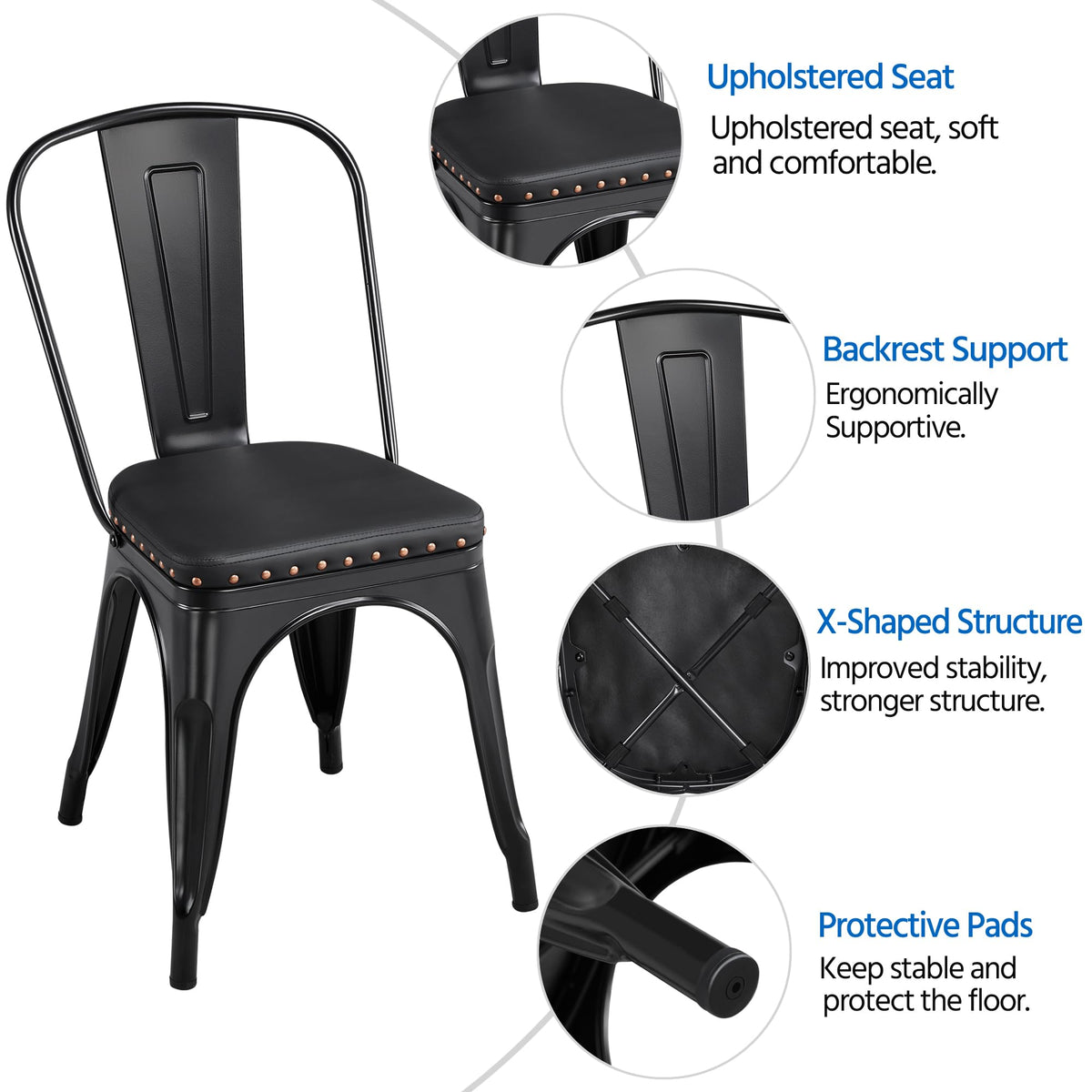 Black Cushioned Metal Dining Chairs Set of 4 V64802