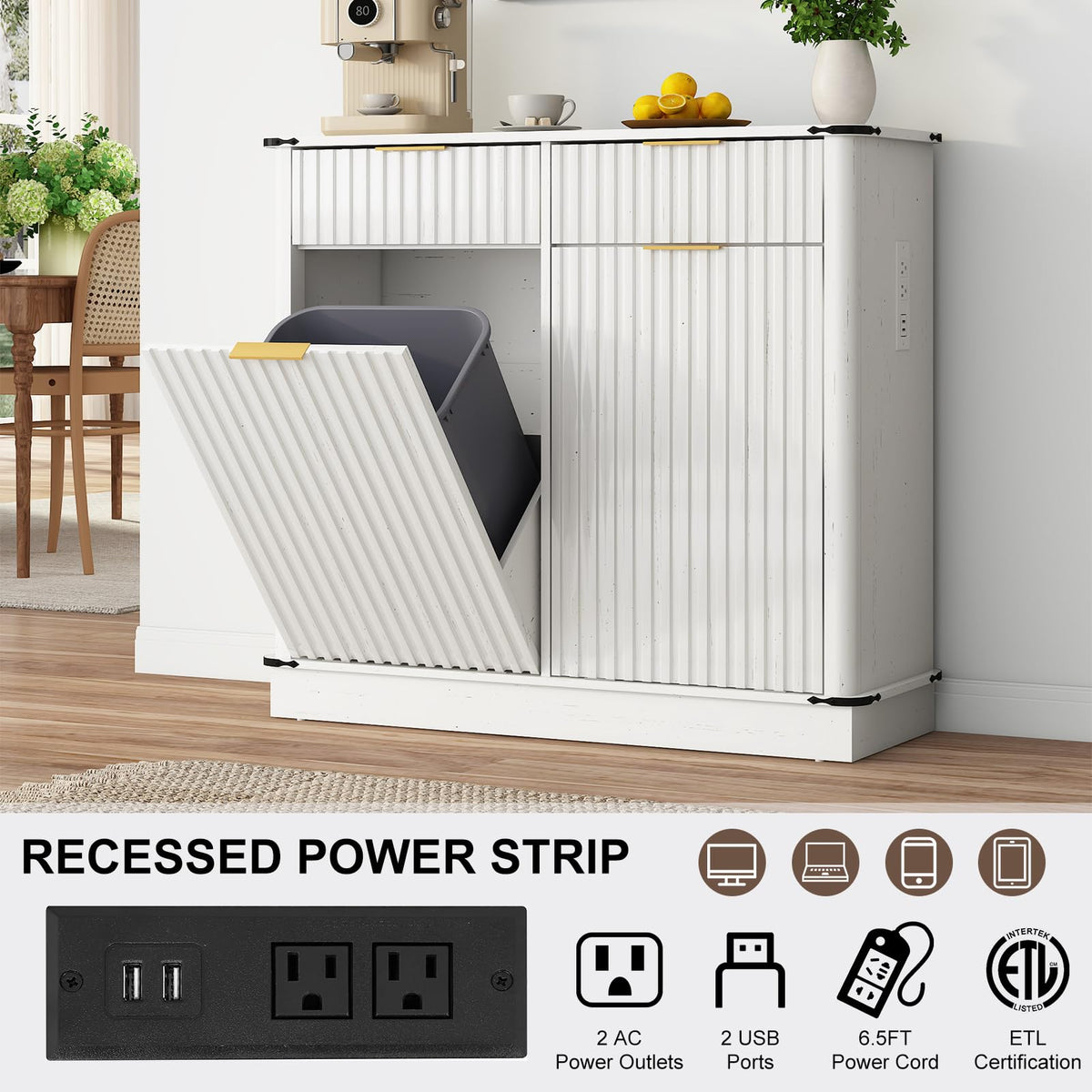 White 20 Gallon Tilt Out Trash Cabinet with Charging Station and 2 Drawers T533