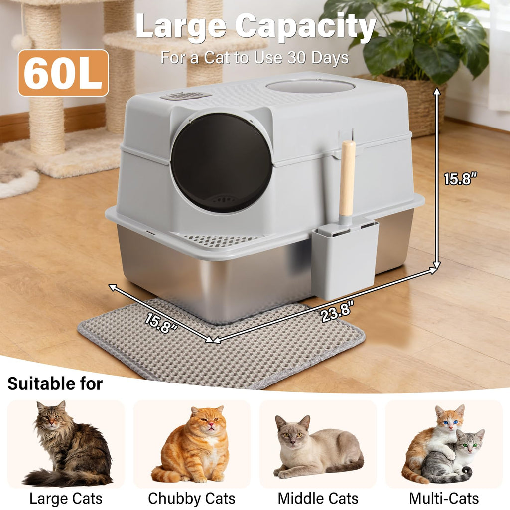 XL Stainless Steel Enclosed Cat Litter Box with Lid T5730