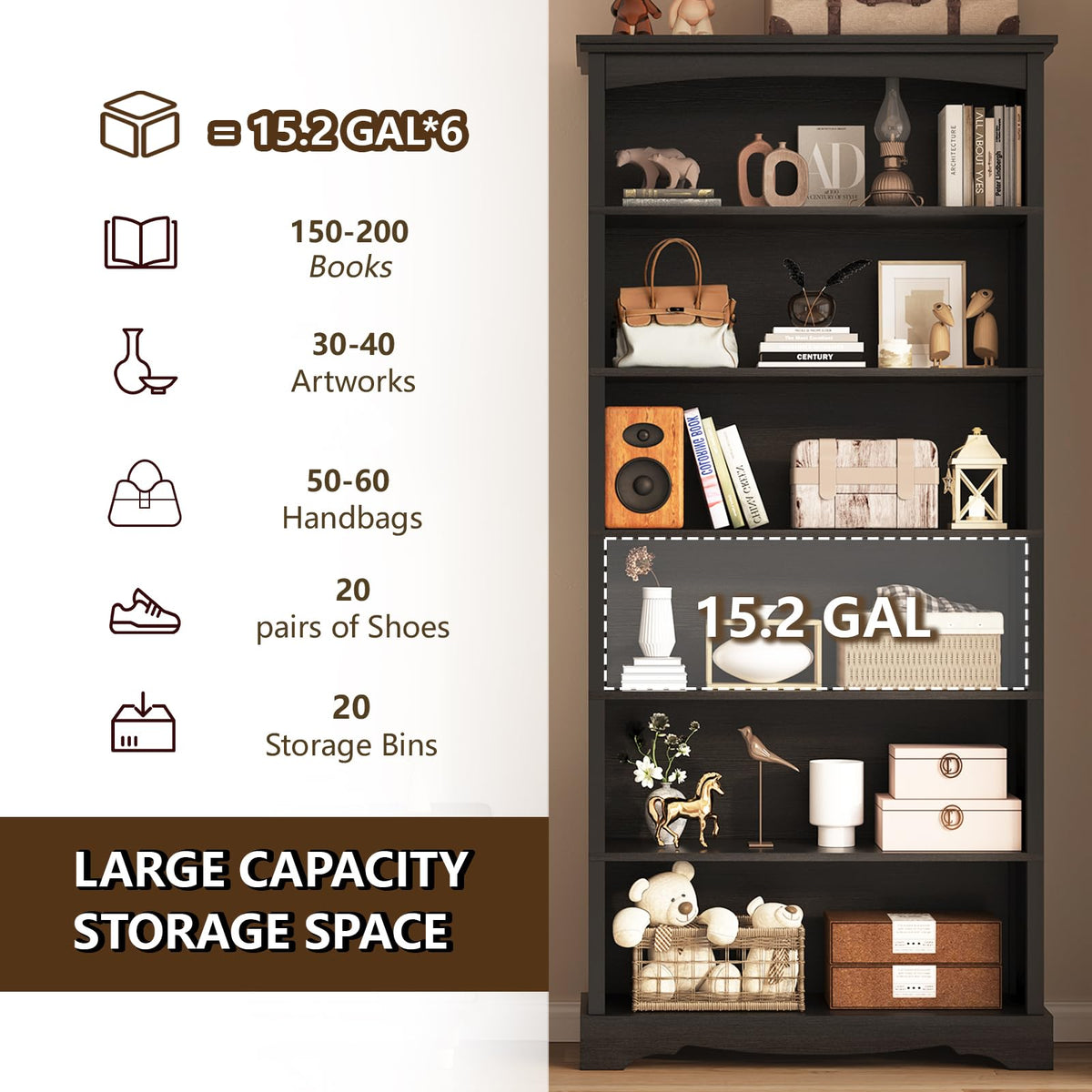 6-Tier 76 Inch Tall Black Wooden Bookshelf V881253