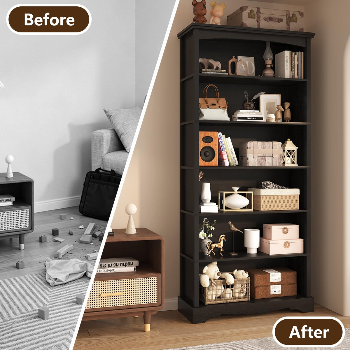 6-Tier 76 Inch Tall Black Wooden Bookshelf V881253