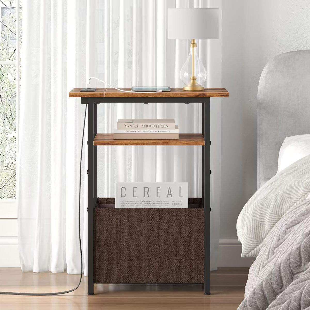 Narrow Side Table with Charging Station, 3 Tier End Table with Storage Basket N607