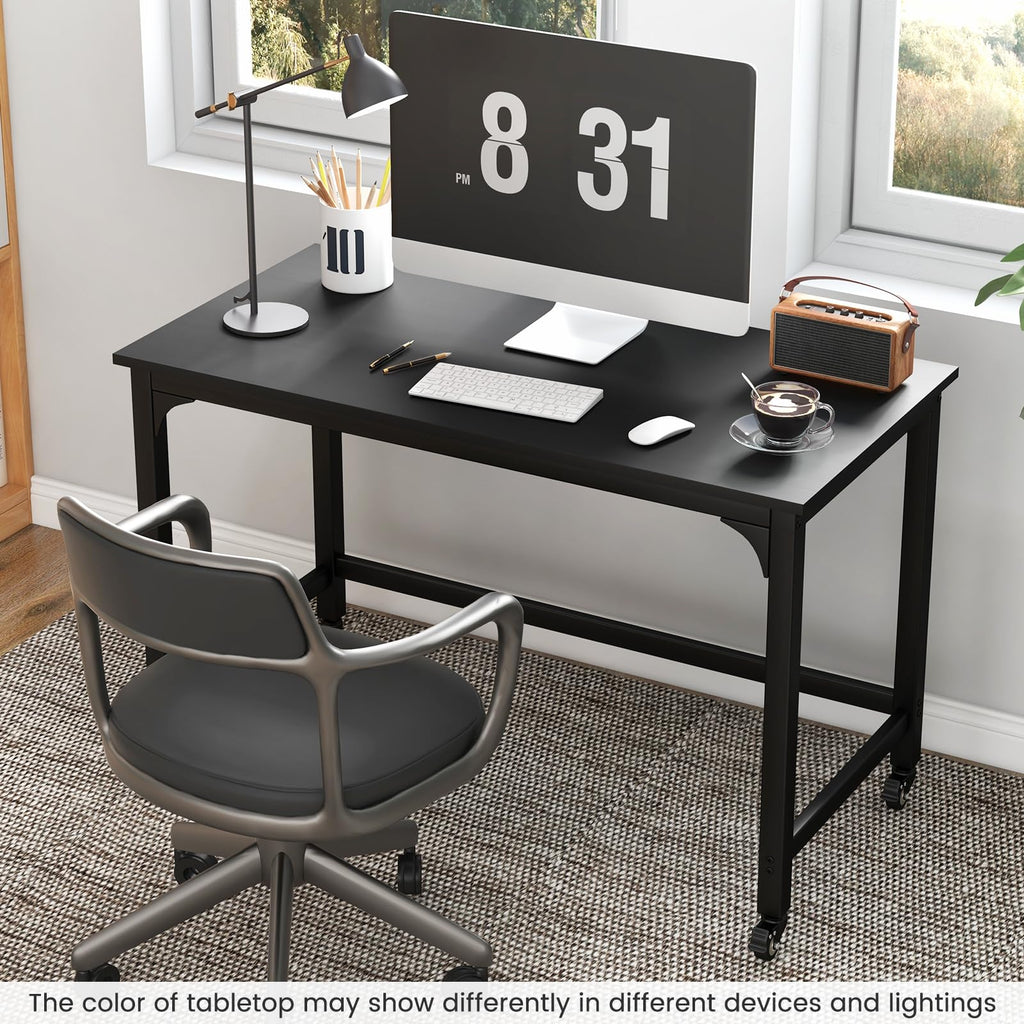 48” Mobile Computer Desk with 4 Lockable Wheels, Black Metal Frame F7912