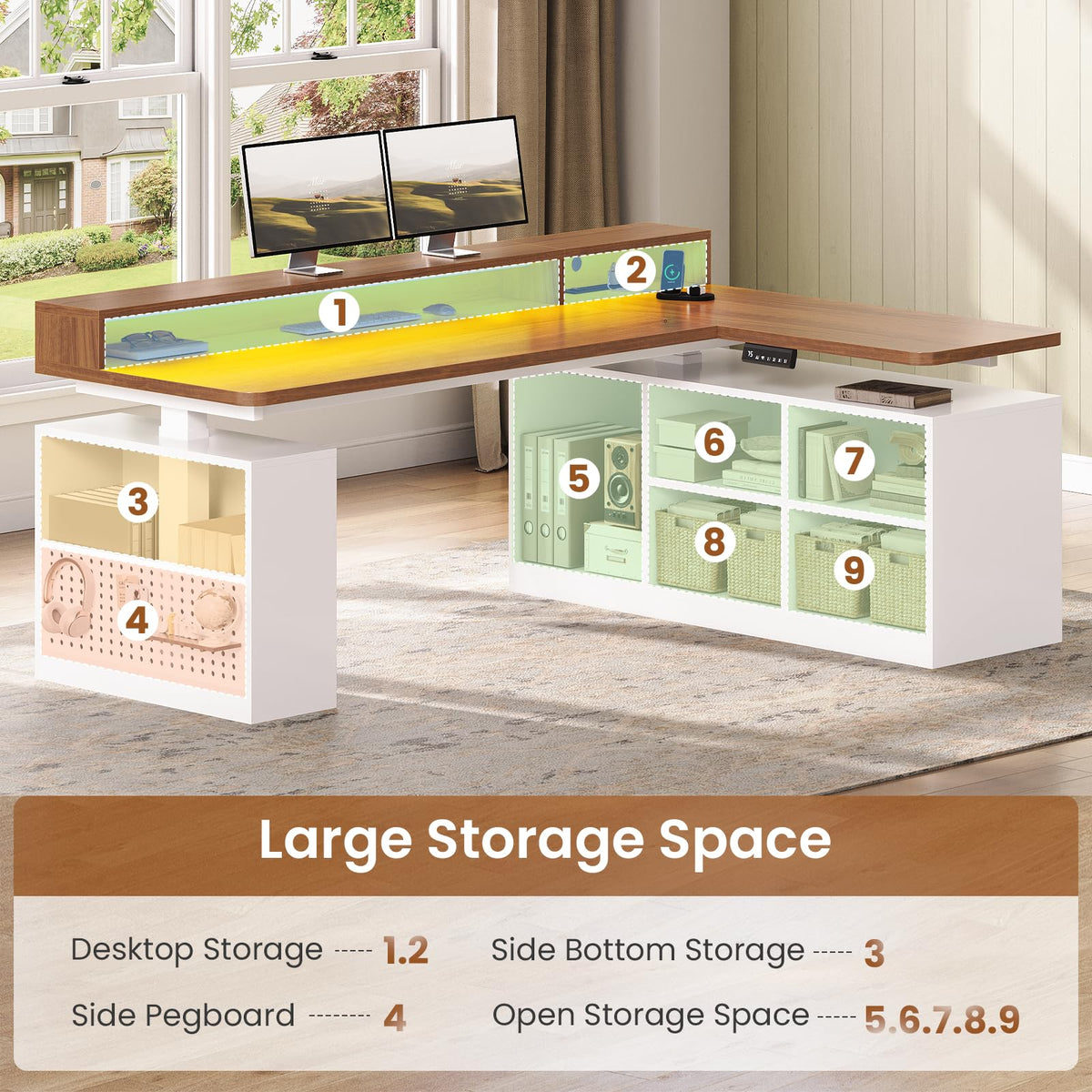 63" L Shaped Electric Standing Desk with Storage W9717