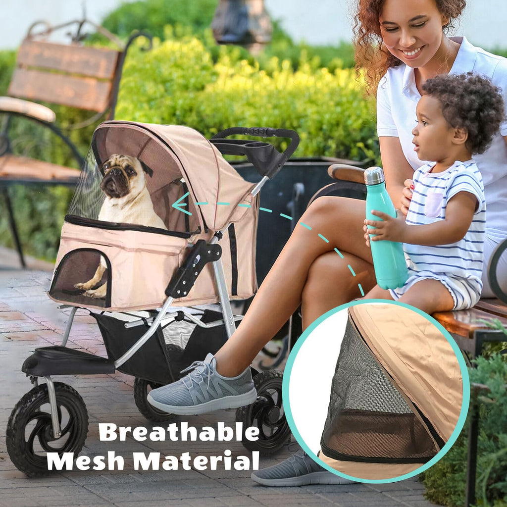 3-Wheel Dog Stroller with Storage Basket and Cup Holders, Tan D6409