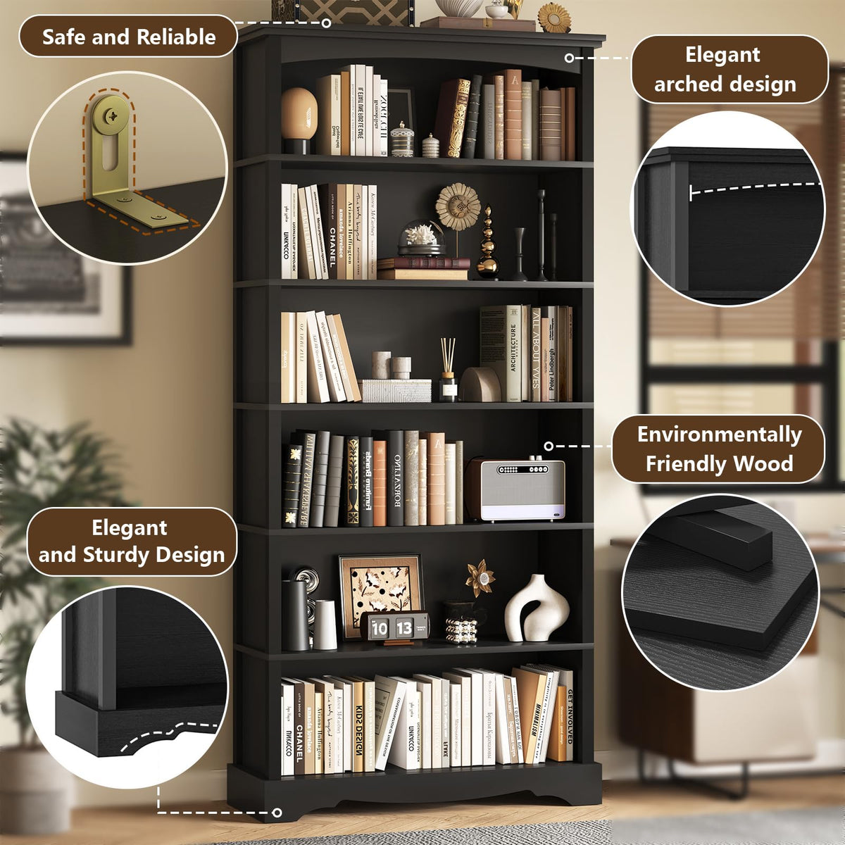 6-Tier 76 Inch Tall Black Wooden Bookshelf V881253