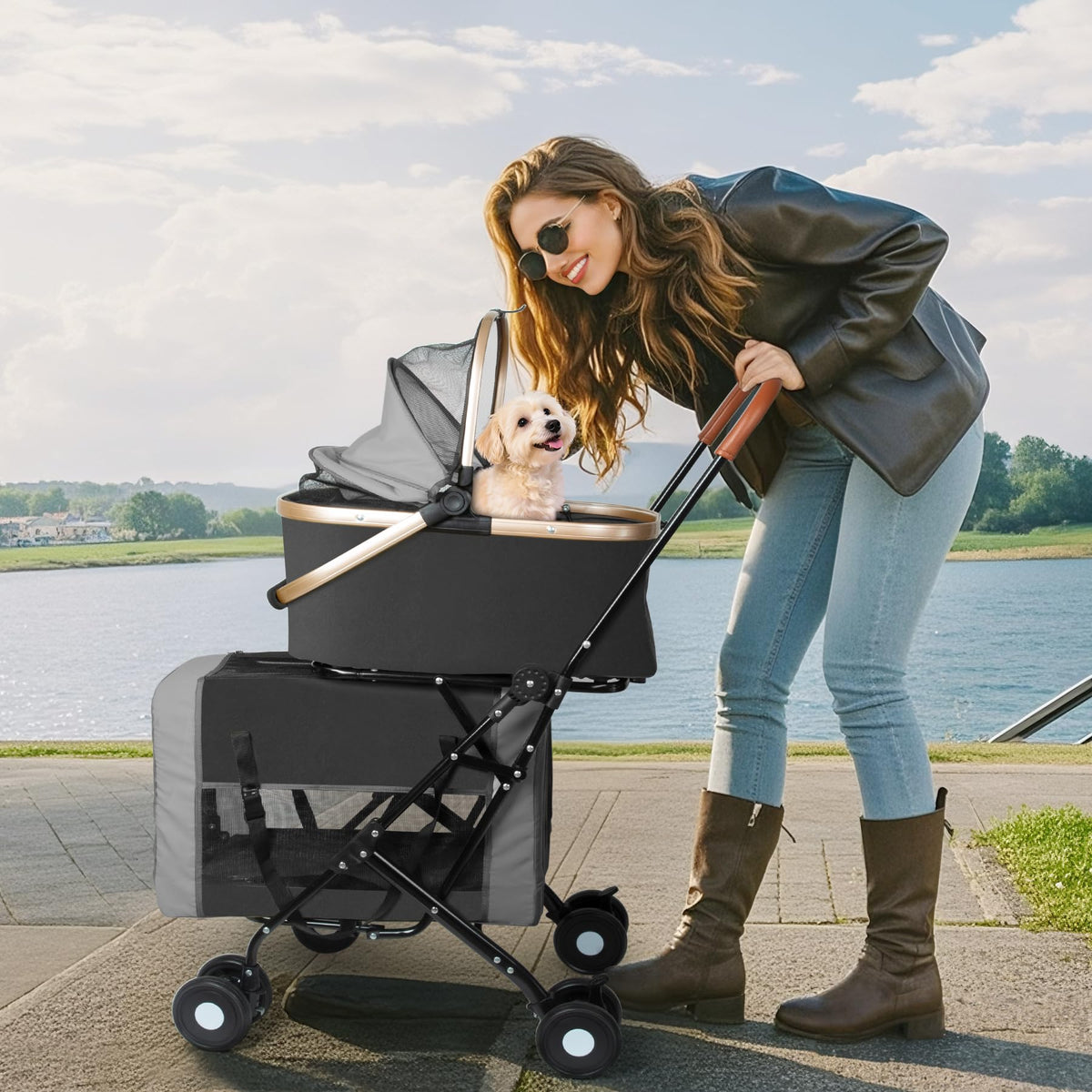Double Pet Stroller with 4 Lockable Wheels C654585