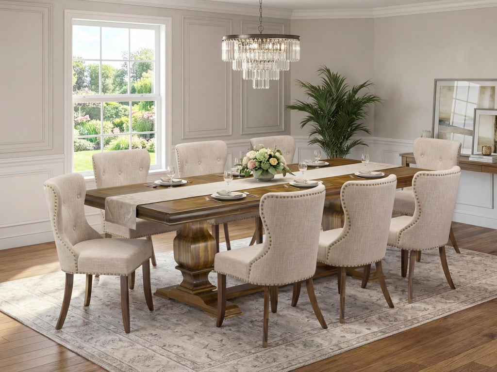 9 Pc Mid Century Dining Table Set with 8 Light Tan Linen Chairs O170