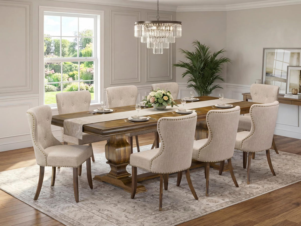9 Pc Mid Century Dining Table Set with 8 Light Tan Linen Chairs O170