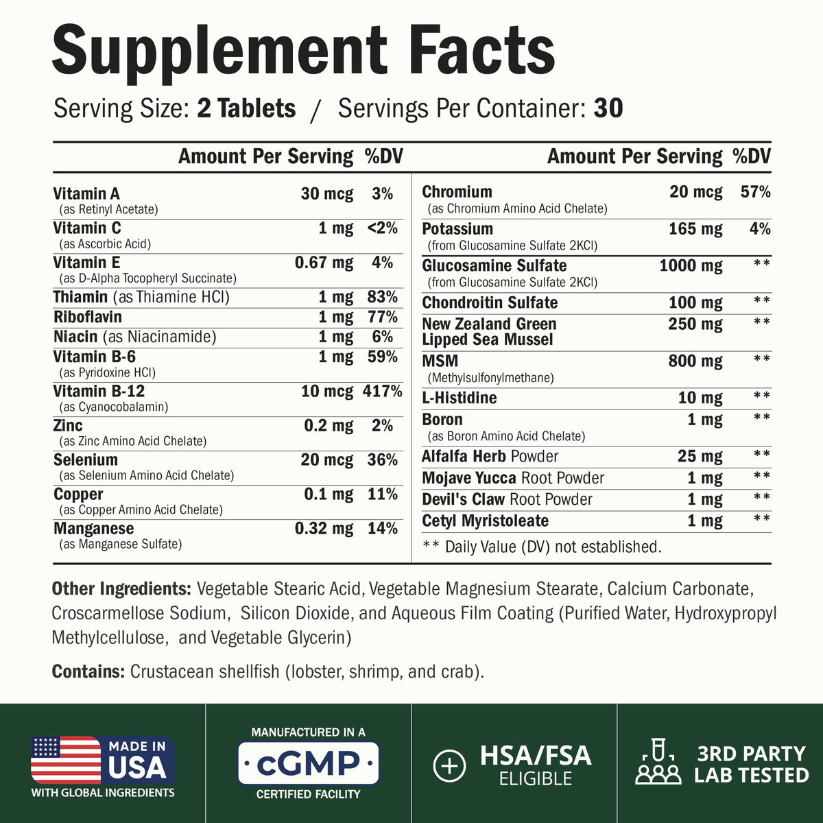Glucosamine Chondroitin MSM Joint Supplements 60 Tabs M2142