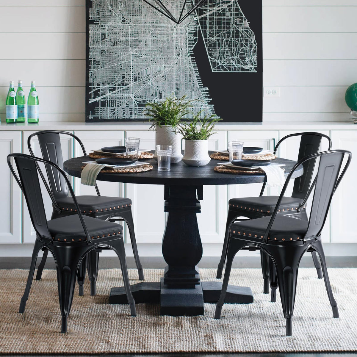Black Cushioned Metal Dining Chairs Set of 4 V64802