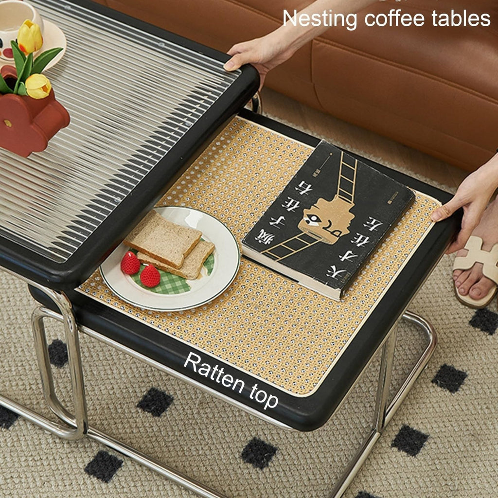 Mid Century Modern Coffee Table Set of 2 Square Metal Base E862801