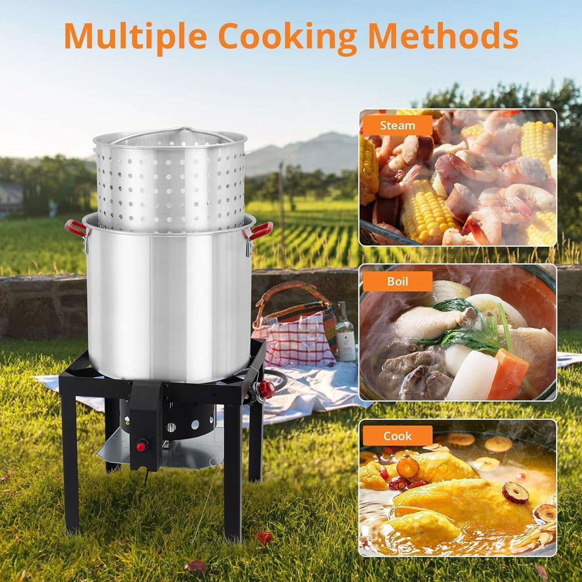 60 Qt Aluminum Seafood Boil Pot with Basket and Burner C886914