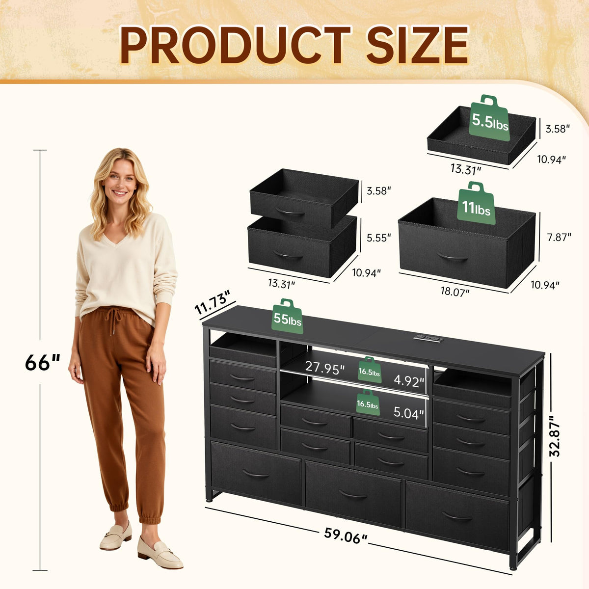 Black TV Stand with LED Lights & Charging Station, 15 Fabric Drawers G912327