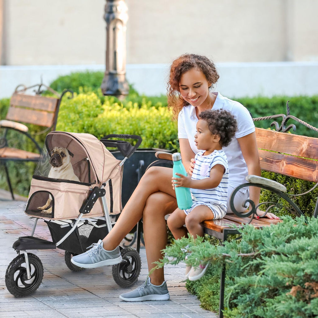 3-Wheel Dog Stroller with Storage Basket and Cup Holders, Tan D6409