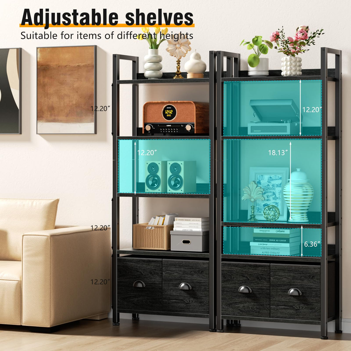 5-Tier Black Oak Bookshelf with 2 Storage Drawers T9305