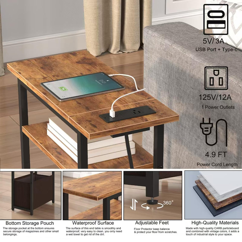 Narrow Side Table with Charging Station, 3 Tier End Table with Storage Basket N607