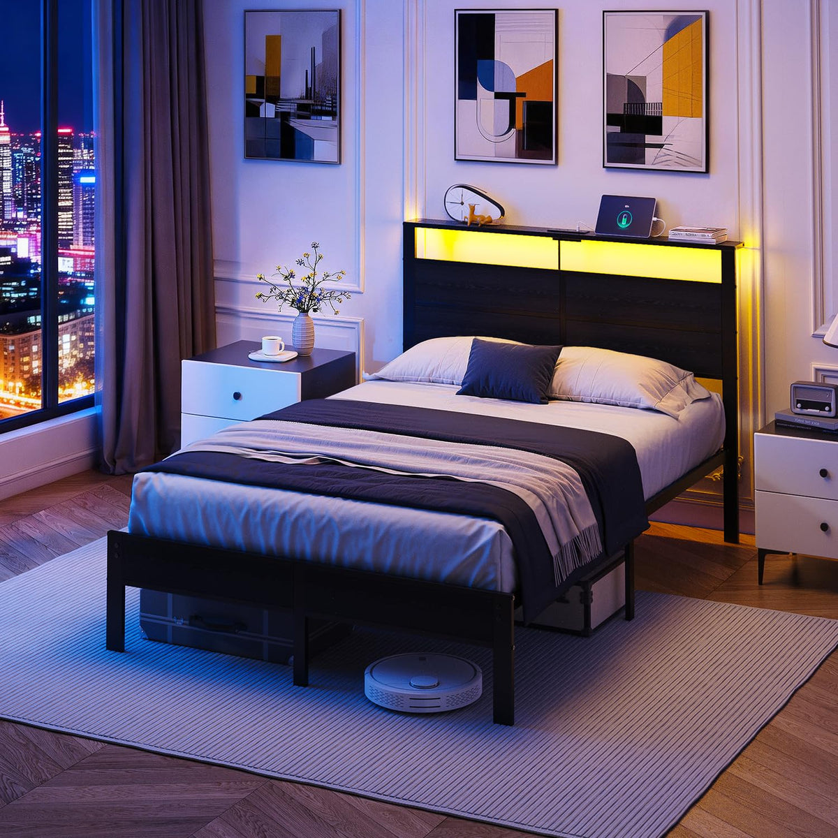 Full Size Metal Bed Frame with Storage Headboard O235