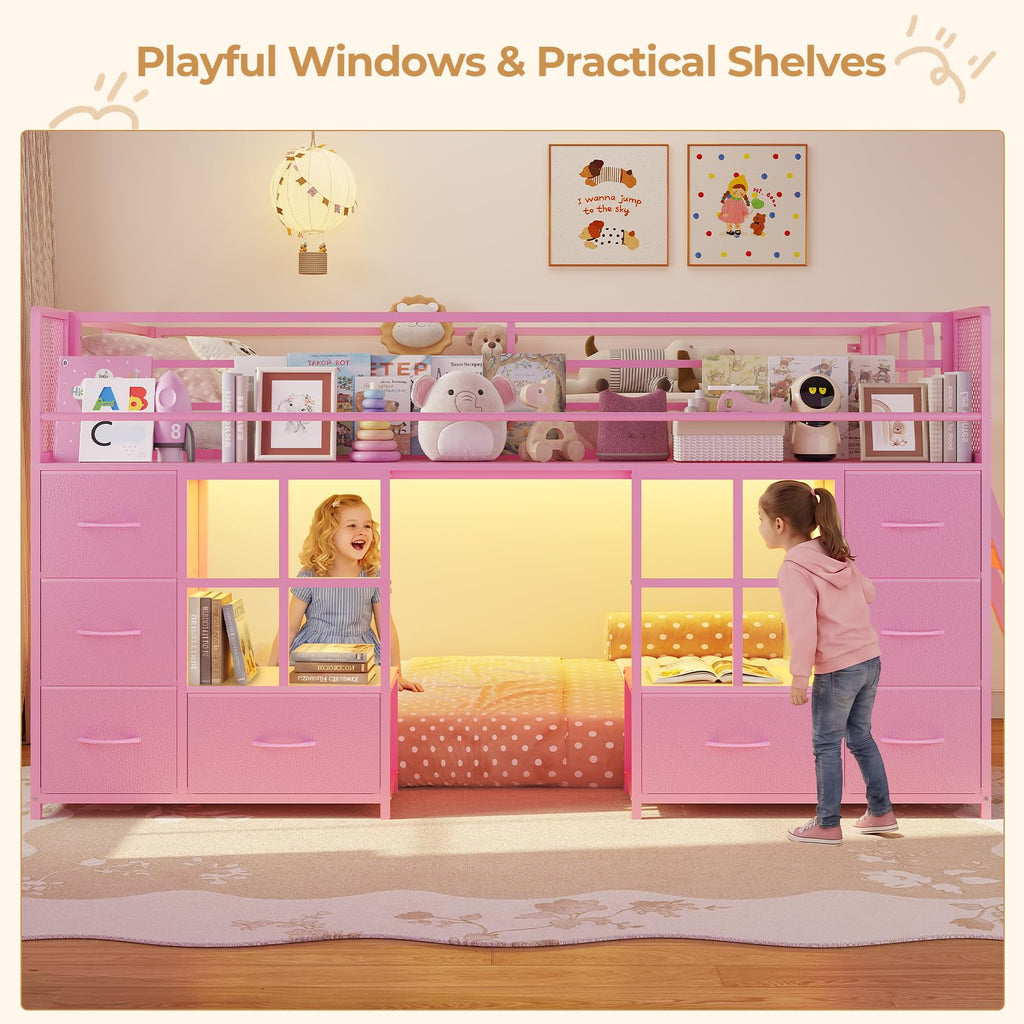 Twin Over Twin Bunk Bed with 8 Drawers & Bookshelf E1792