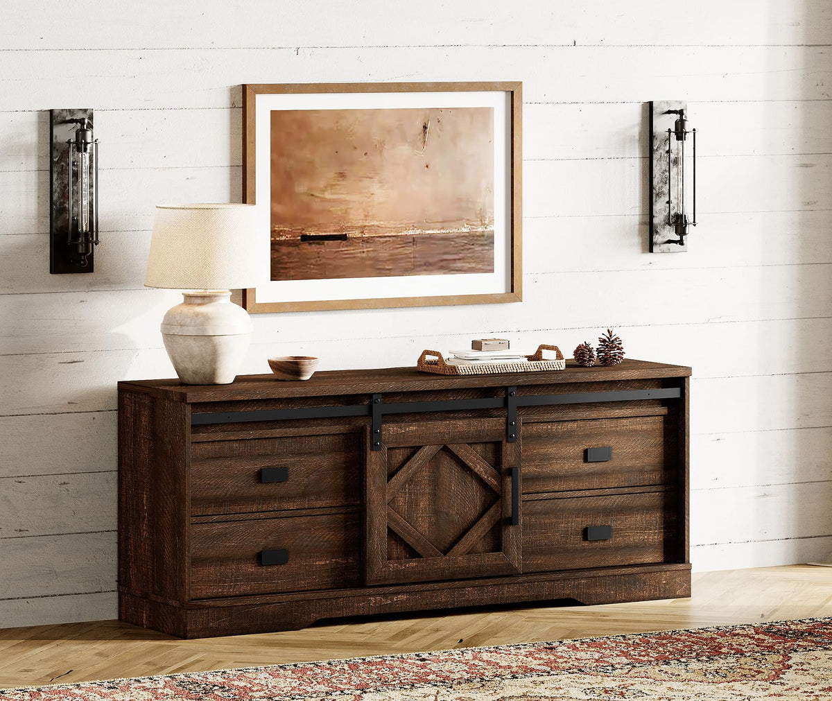 60 inch Farmhouse TV Stand with Drawers & Storage Cabinet S54442
