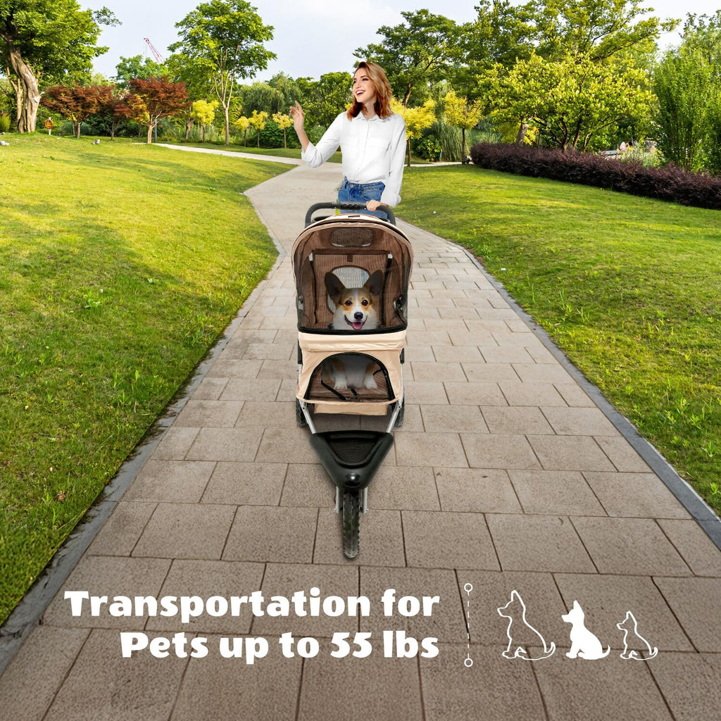 3-Wheel Dog Stroller with Storage Basket and Cup Holders, Tan D6409