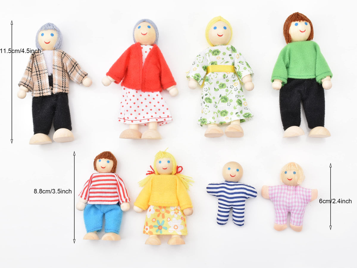 Wooden Dollhouse Dolls Family Set of 8 Miniature Figures and 2 Pets X98691
