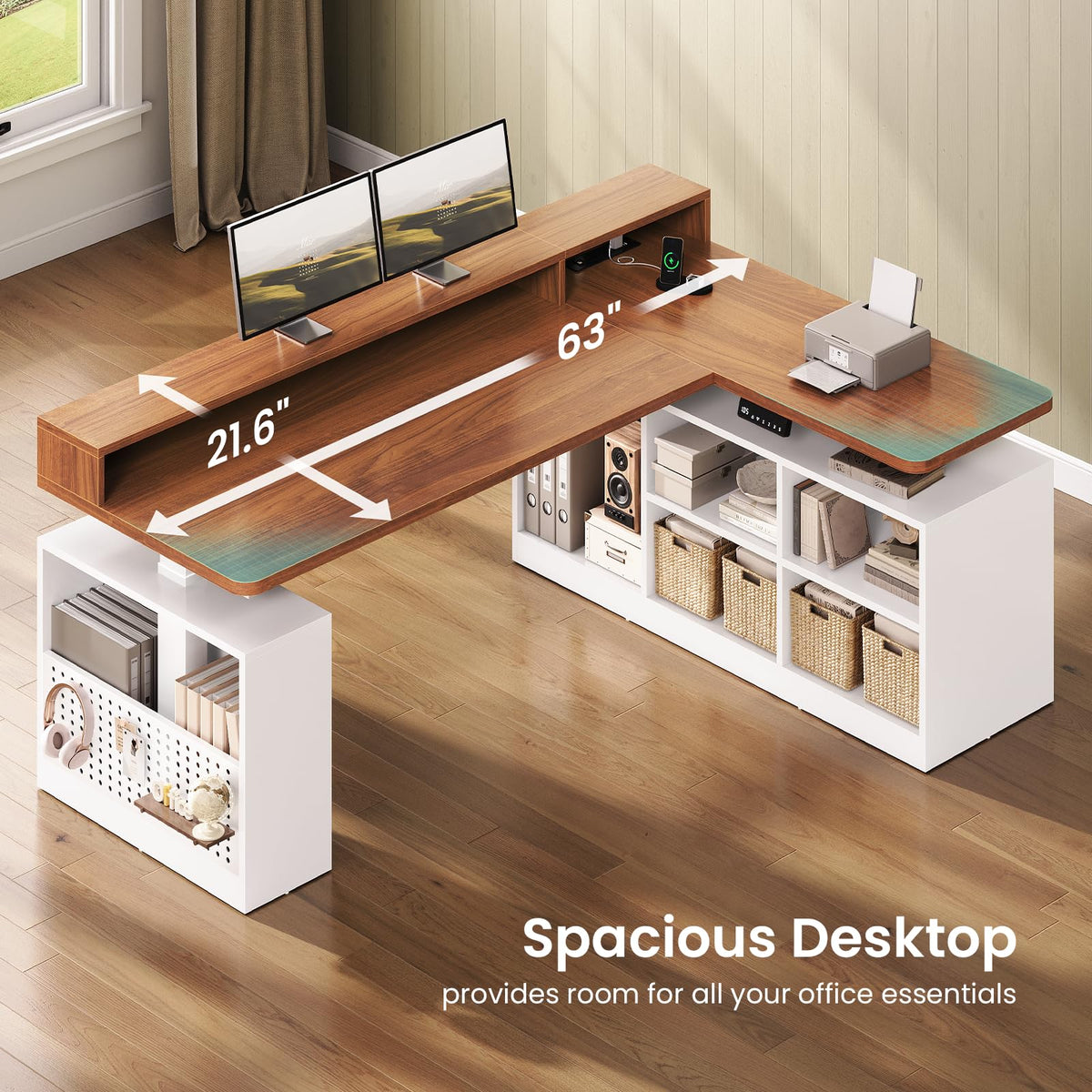63" L Shaped Electric Standing Desk with Storage W9717
